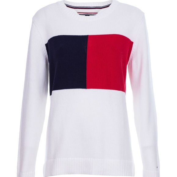 Tommy Hilfiger Sweaters - Tommy Hilfiger Big Flag White Crewneck Sweater L